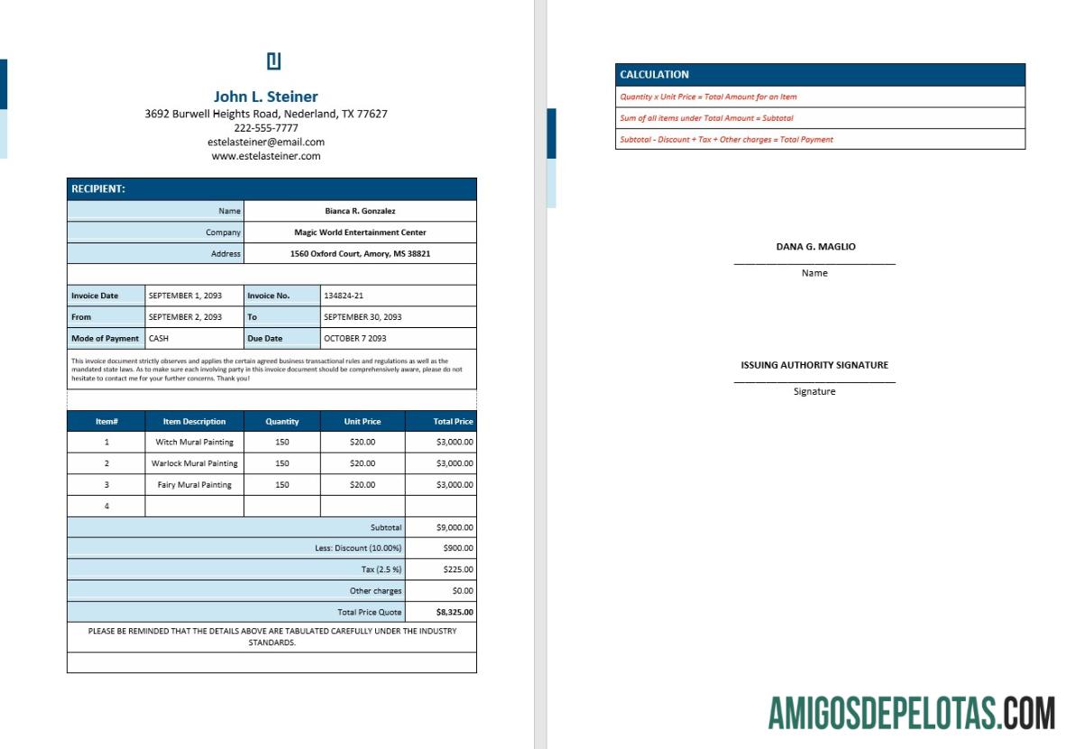 Fatura de Artista Freelance Gratuita exemplo